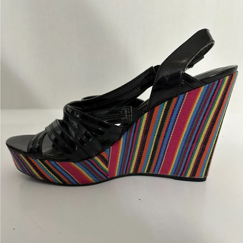 Westies Black with Multicolored Stripe Platform Wedge Sandals Size 9